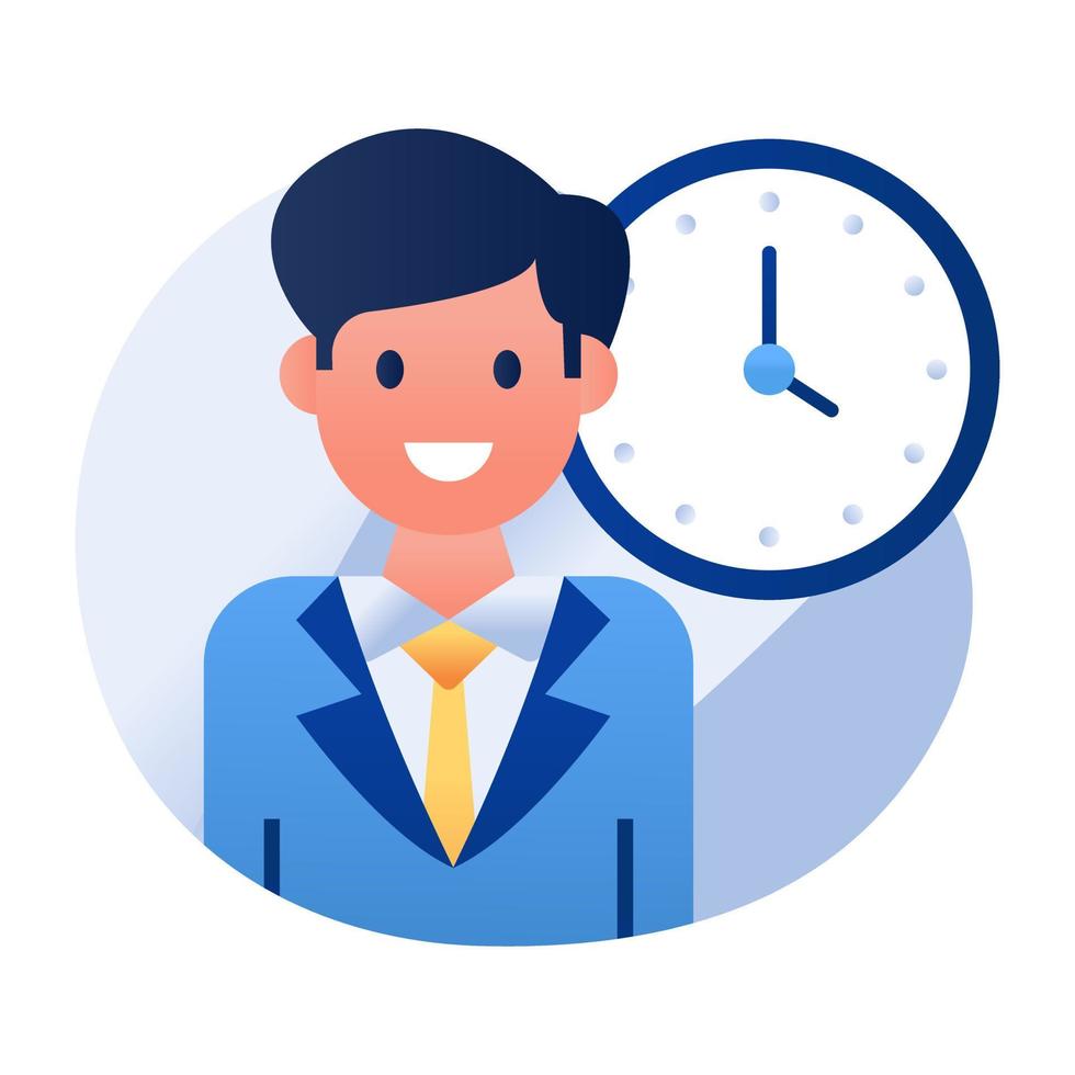 Punctual employee icon, vector design of avatar with clock