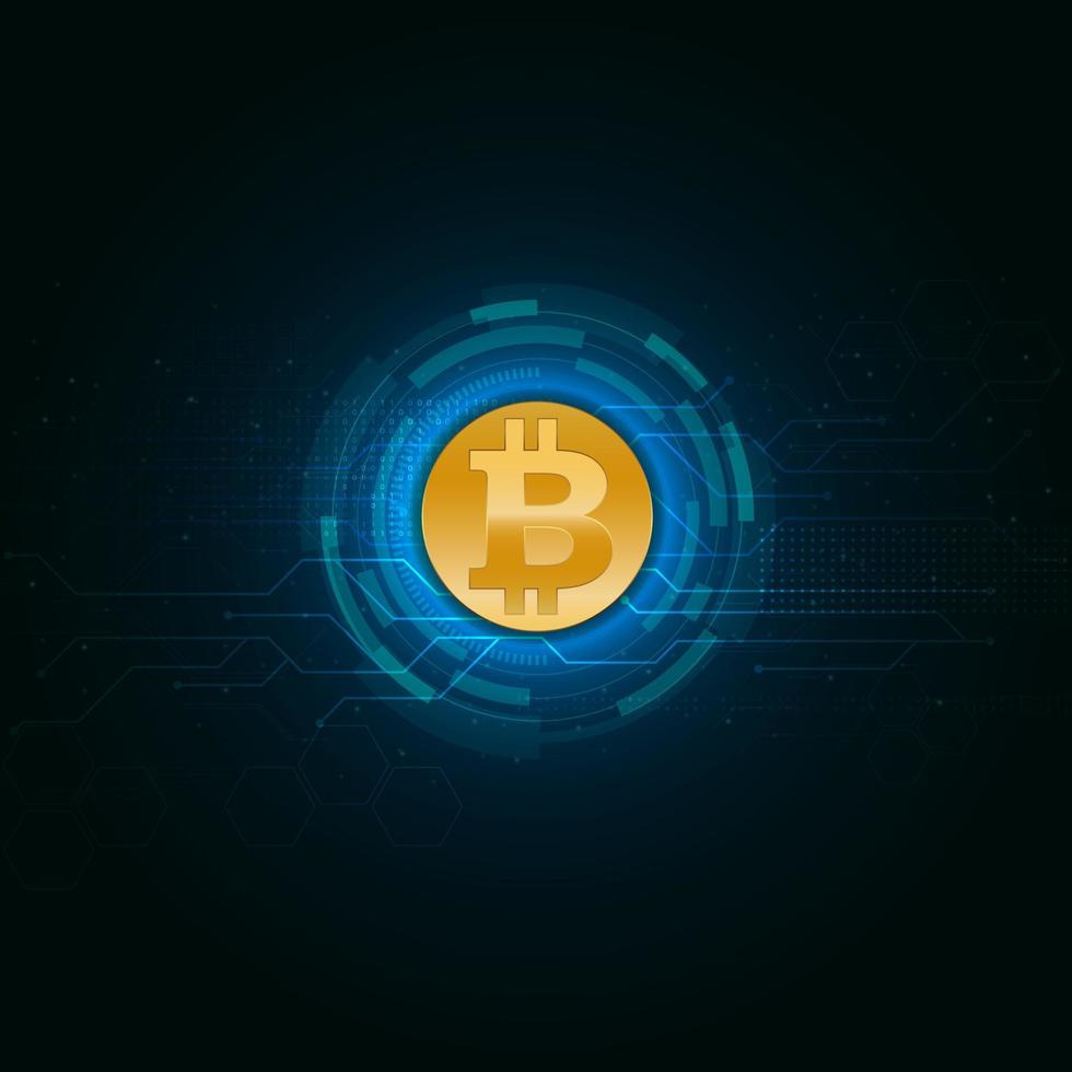 Golden bitcoin on deep blue with glown circuit background, vector