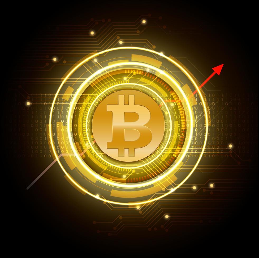 bitcoin dorado en circuito amarillo oro fondo oscuro vector