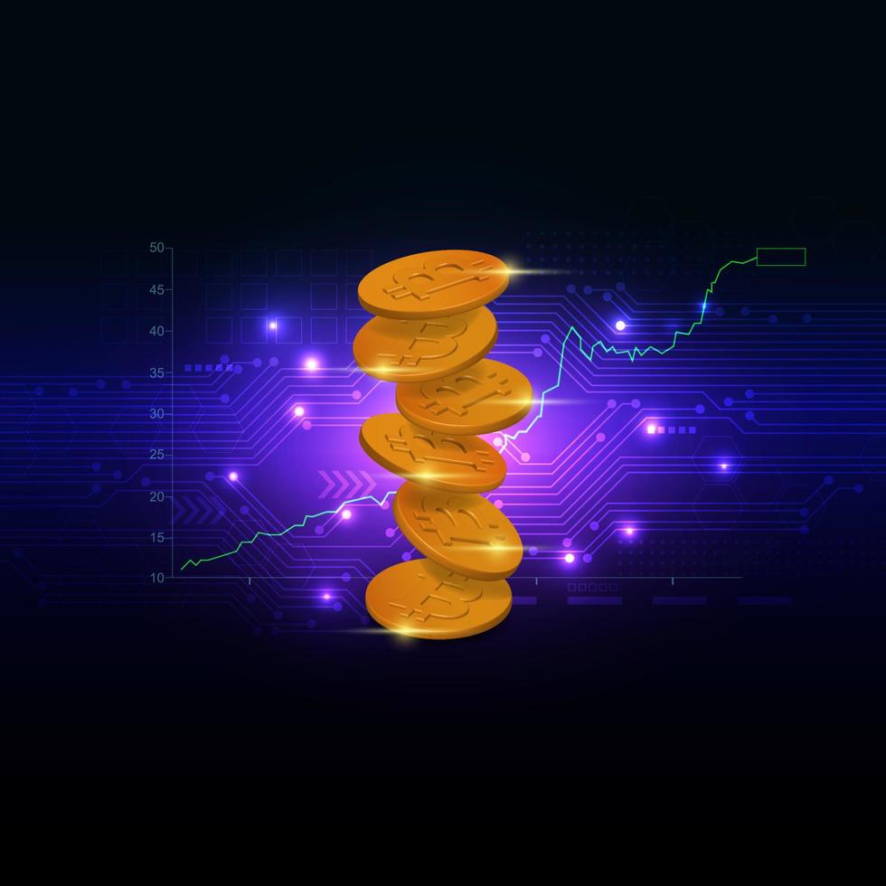 Golden bitcoin on circuit with glown chart background, vector image