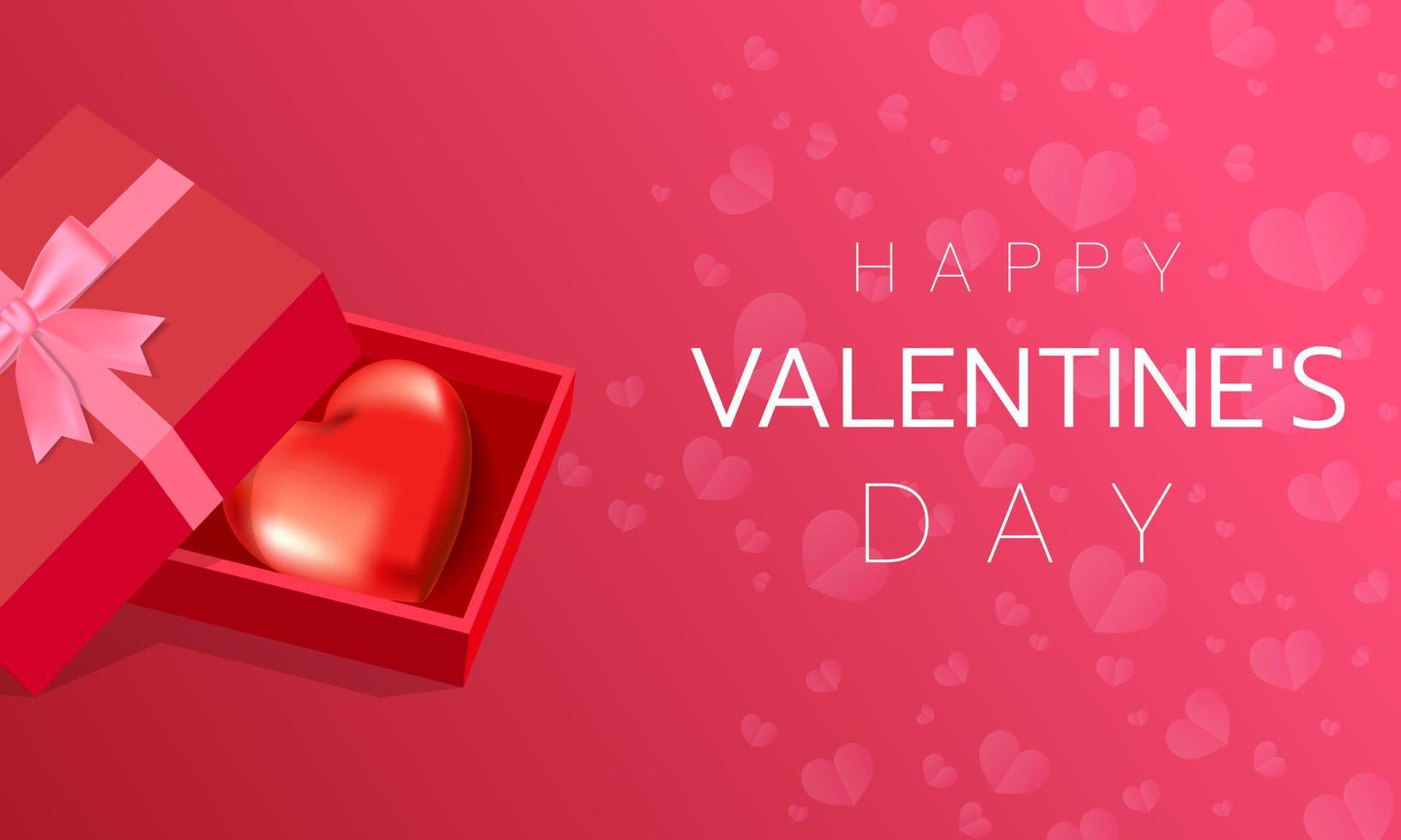 Red hearts are in a red gift box tied with a pink ribbon. on a pink background with reddish pink hearts and many small hearts vector