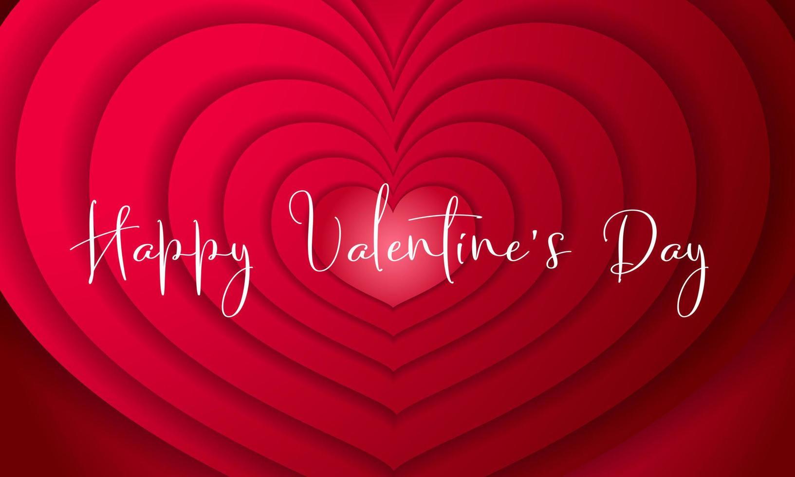 Happy valentine's day red paper cut hearts stacked in multiple layers on red background. vector