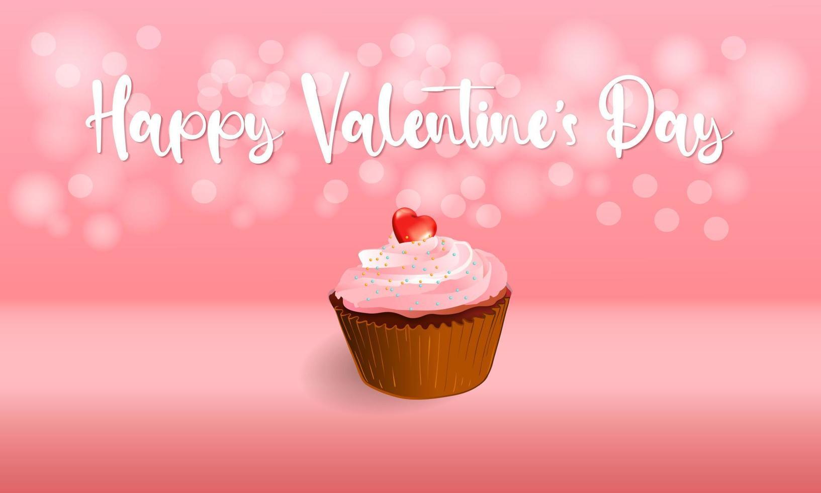 Cupcakes have a red heart on the side. topping with colorful round beads on a pink bokeh background. vector