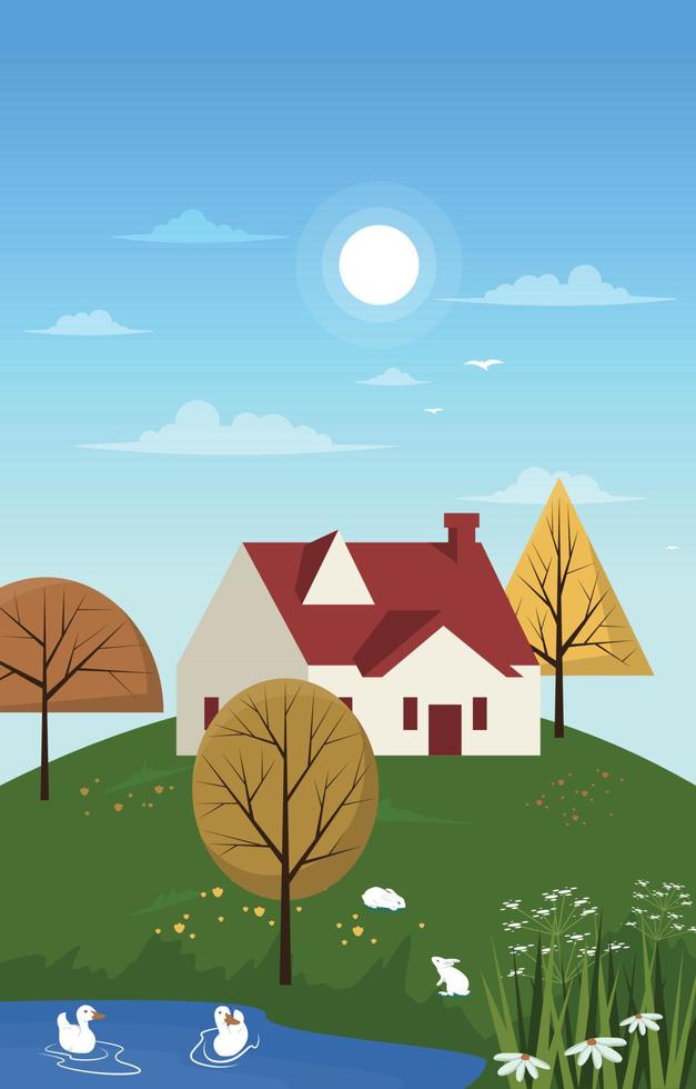 Little House Beautiful Summer Rural Nature Landscape View Gift Card vector