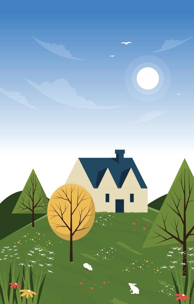 Little House Beautiful Summer Rural Nature Landscape View Gift Card vector