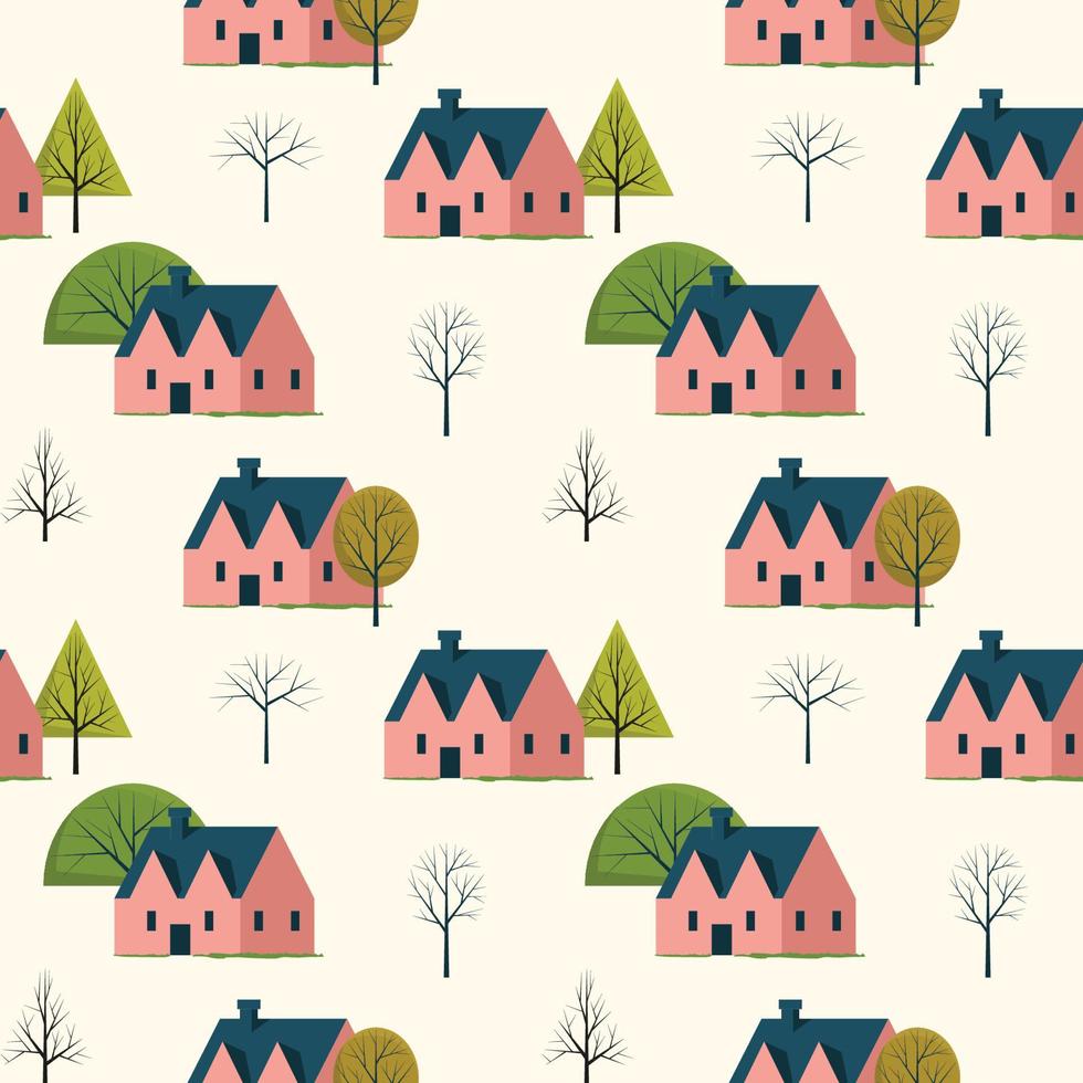 Seamless Pattern Repeatable Texture Summer Spring House Tree Nature Paper Fabric vector