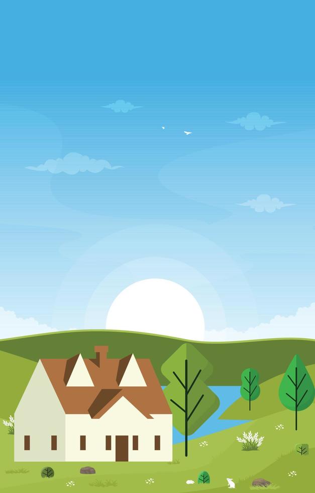 casita colina lago hermoso verano rural naturaleza paisaje tarjeta vector