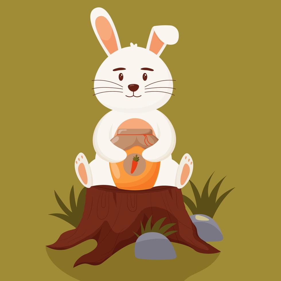 Cute rabbit with a jar of carrot jam is sitting on a stump. Flat vector illustration