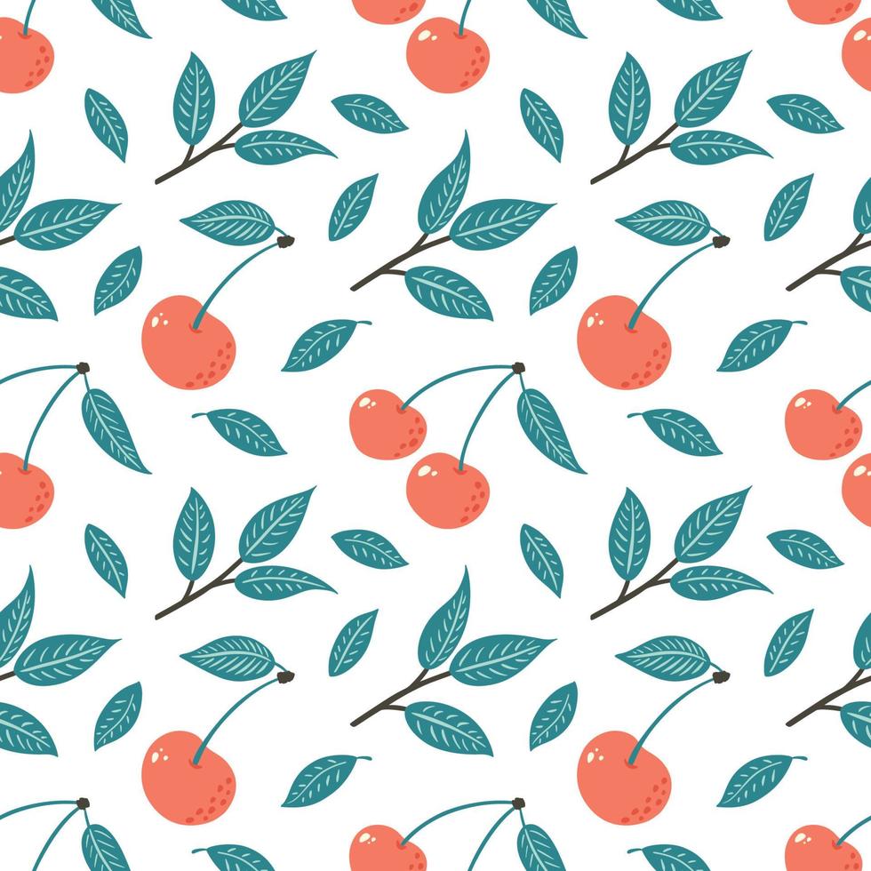 patrón sin costuras de cereza. fondo de bayas maduras. ornamento de frutas dibujado a mano para papel pintado, textil, papel de envolver, menú, diseño y decoración de paquetes de alimentos. vector