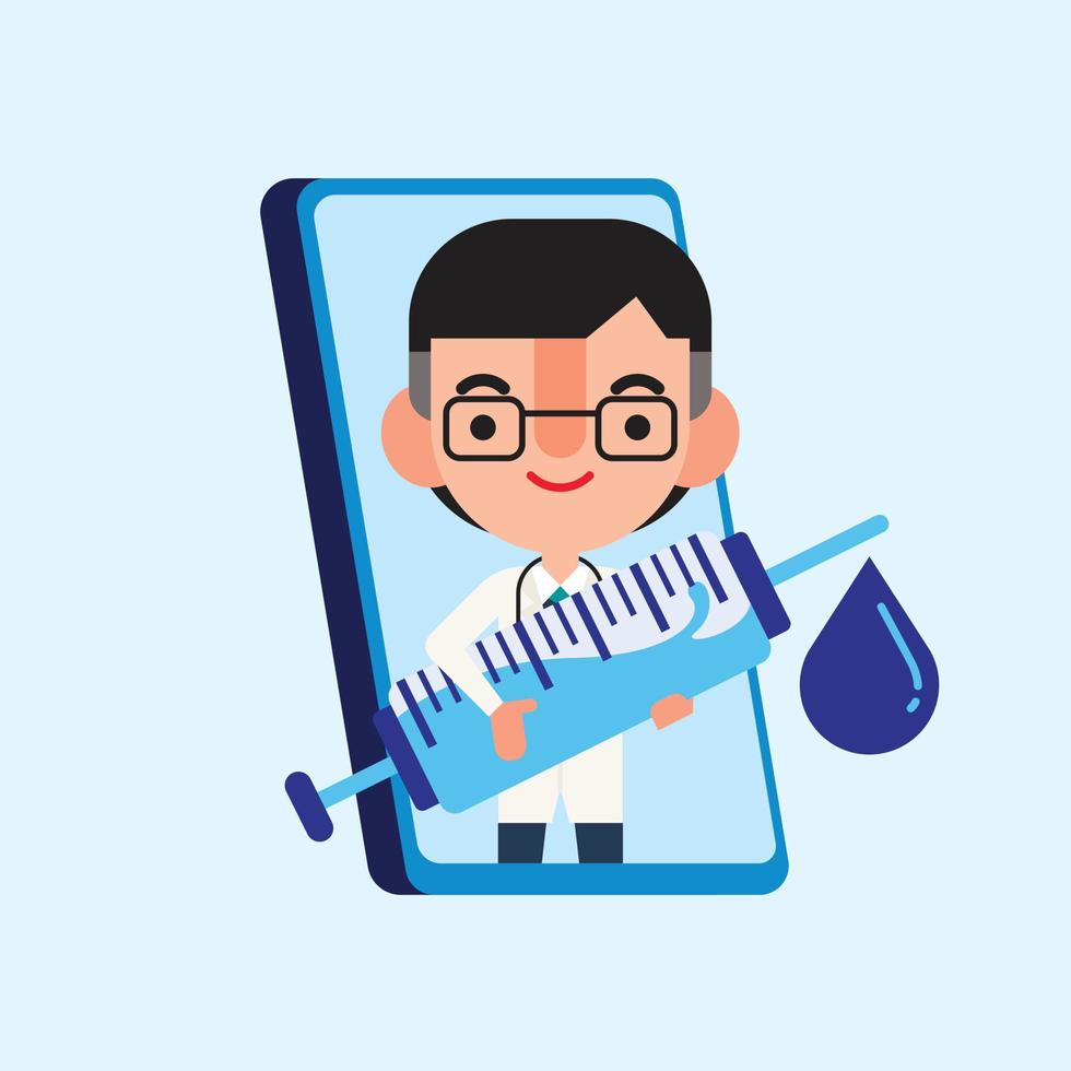 Flat cartoon doctor character popping out from mobile phone with hand holding syringe needle. Vector character