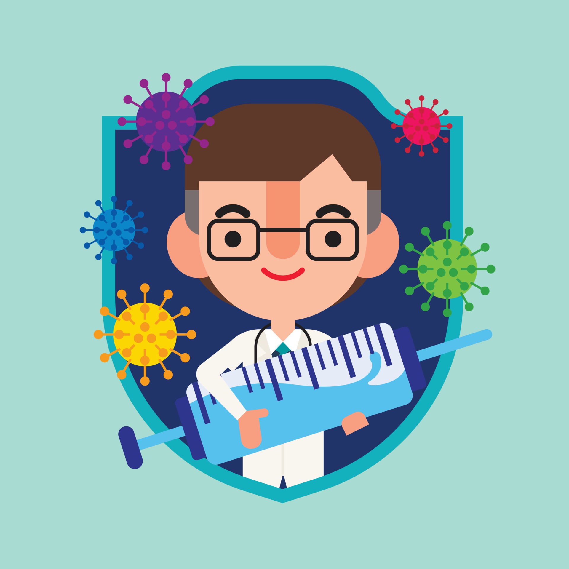 Flat design cartoon doctor holding syringe needle and stay inside shield  with Viruses floating around doctor character. Vector illustration 5951252  Vector Art at Vecteezy