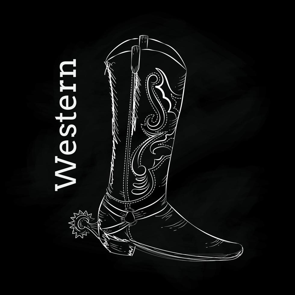 Western Boot Hand draw blackboard vintage vector illustration