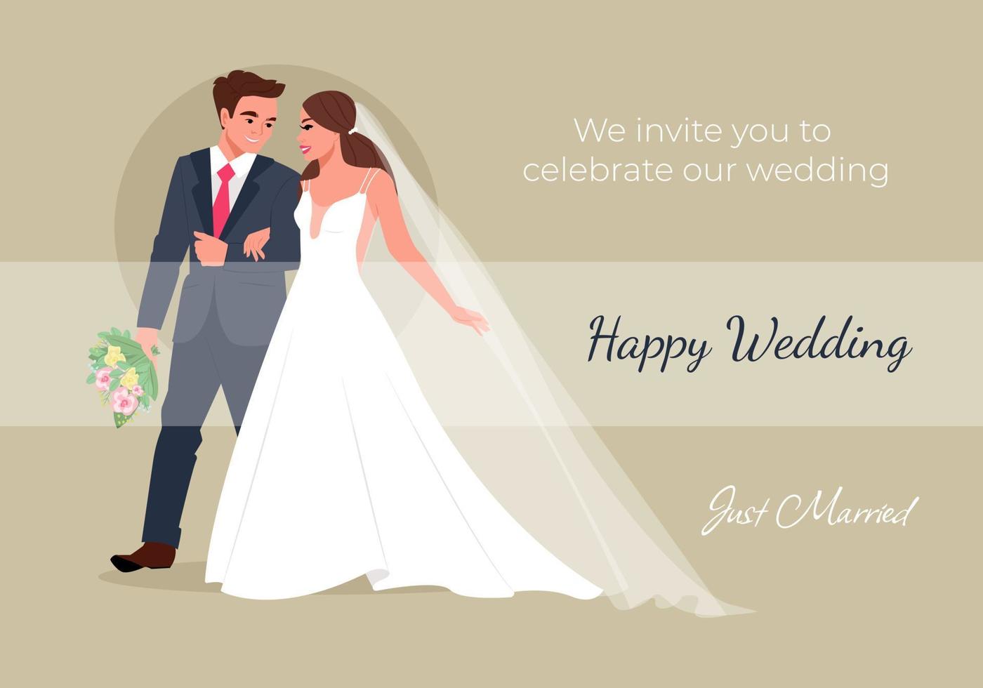 Happy brides go holding hands smiling. Wedding invitation. Vector illustration in flat cartoon style