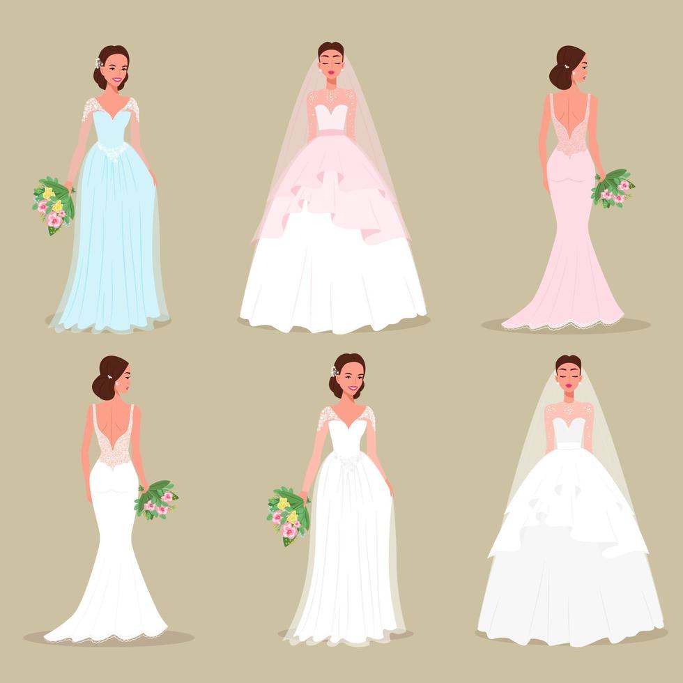 conjunto de novias en hermosos vestidos y peinados con ramos de flores en sus manos. ilustración vectorial de dibujos animados de estilo plano vector