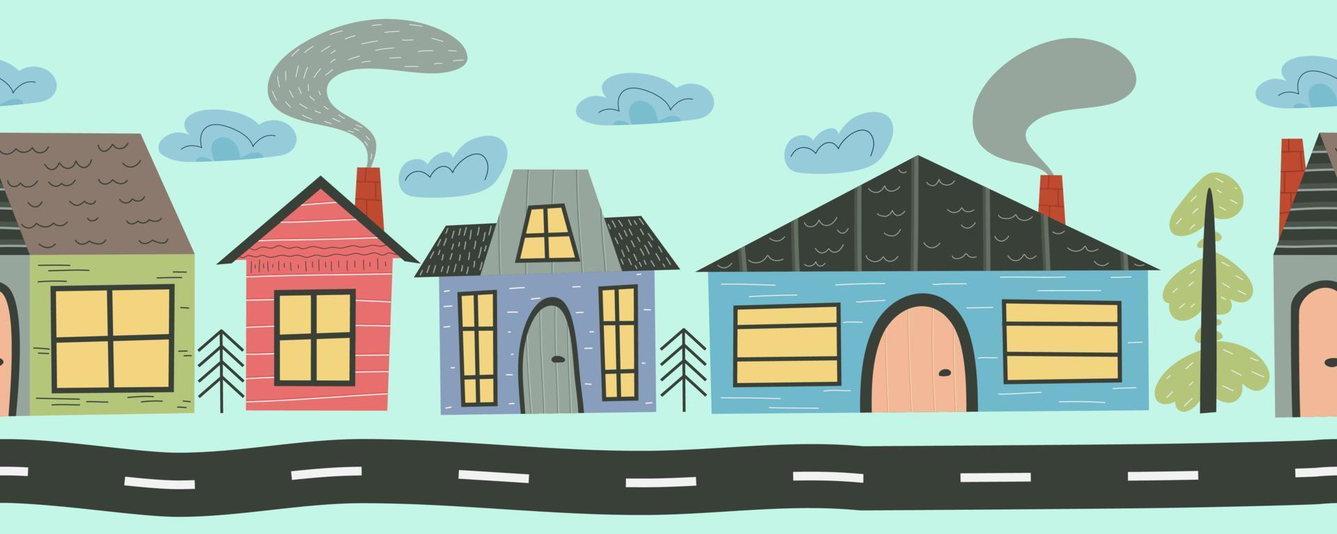 Scandinavian houses in a seamless border. Cute city street with houses and a road for children's design. Flat vector illustration.