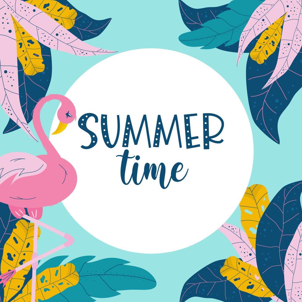 plantilla de verano con flamencos y hojas tropicales y con texto horario de verano. diseño redondo con pájaro rosa y coloridas hojas tropicales. ilustración vectorial plana. vector