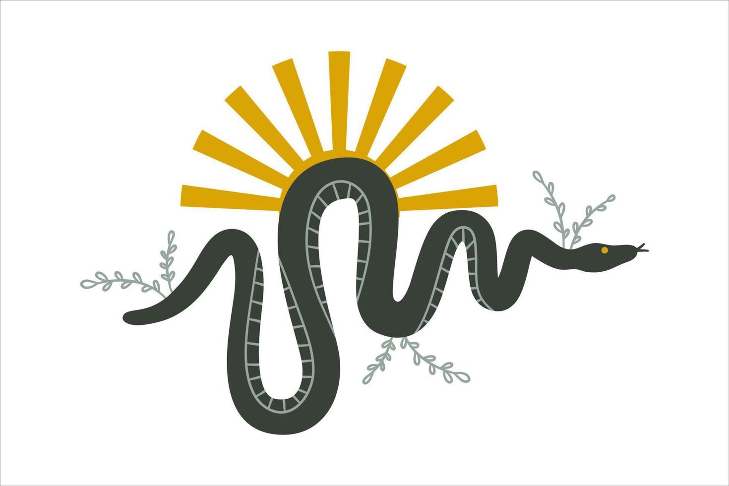 Mystic snake with sunbeams and branches on a white background. Magical illustration for witchcraft and the occult. Flat vector illustration.
