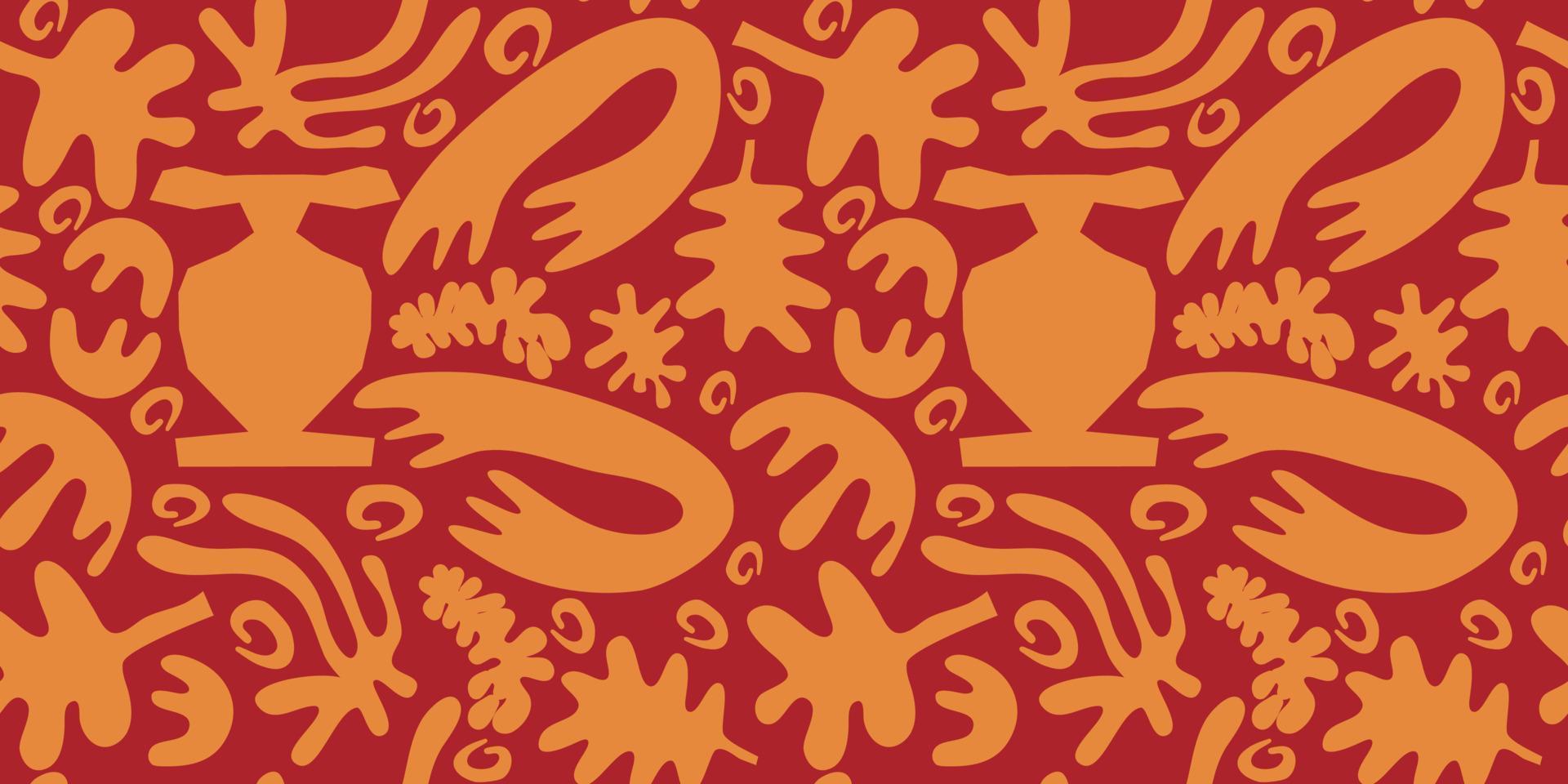 Abstract seamless pattern shape  matisse with algae and leaves. Vector flat illustration design. Orange on a red background various figures. Contemporary seamless pattern