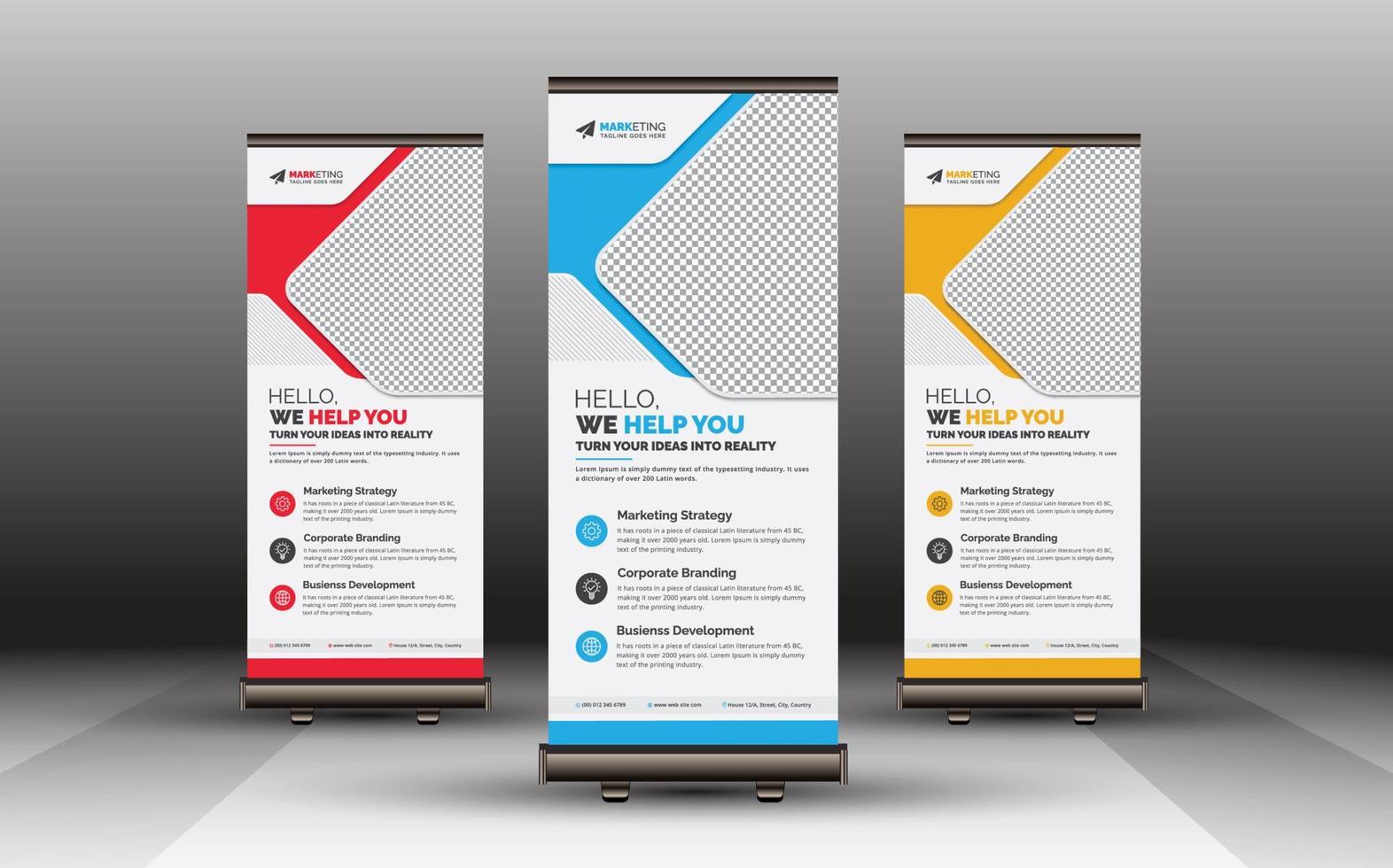 Corporate Roll Up Banner Standee Template Minimal Design, Professional Creative X Banner vector