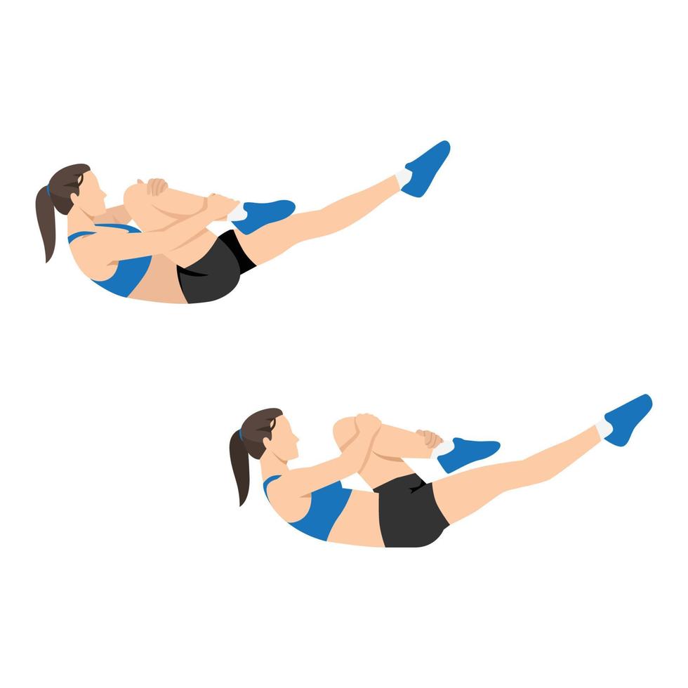 Woman doing Single leg stretch exercise. Flat vector illustration isolated on white background