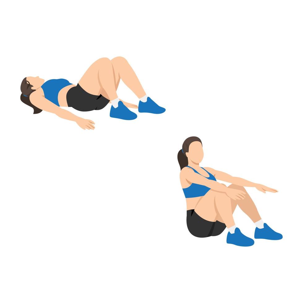 Woman doing Sit up exercise. Flat vector illustration isolated on white background