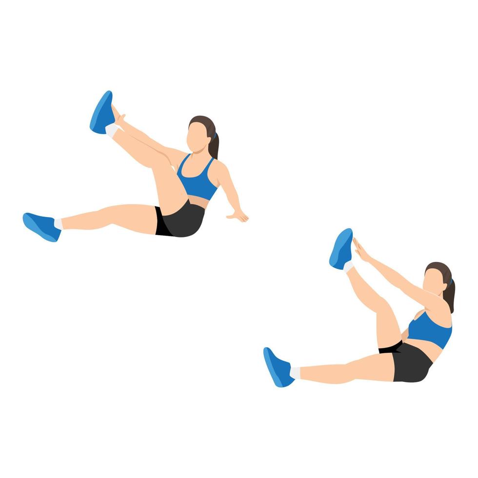 Woman doing Star toe touch sit ups exercise. Flat vector illustration isolated on white background