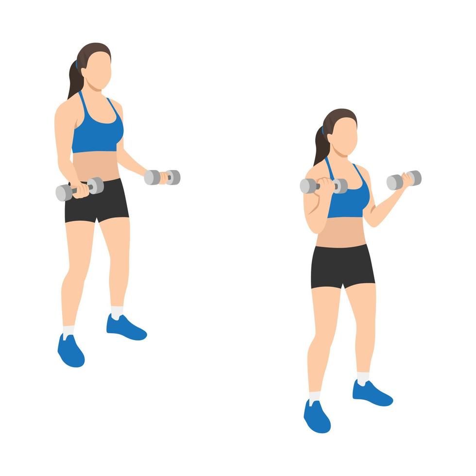 mujer haciendo ejercicio de curl de bíceps. ilustración vectorial plana aislada sobre fondo blanco vector