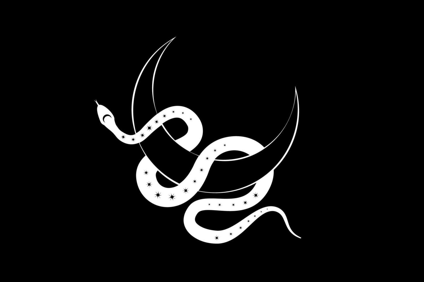 White Snake on Magic mystic Crescent Moon. Sacred geometry, celestial pagan Wiccan goddess symbol. Half moon wicca banner sign, tattoo, energy circle, boho style, vector isolated on black background