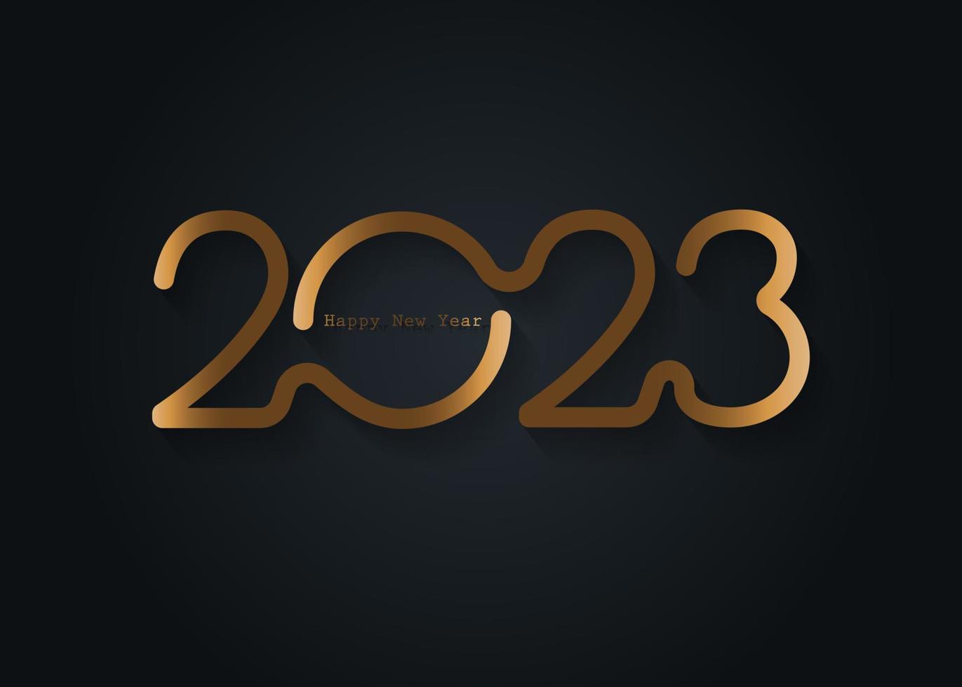 2023 New Year gold logo design. Holiday greeting card. Vector illustration. Holiday design for greeting card, invitation, calendar, party, golden holiday label isolated on black background