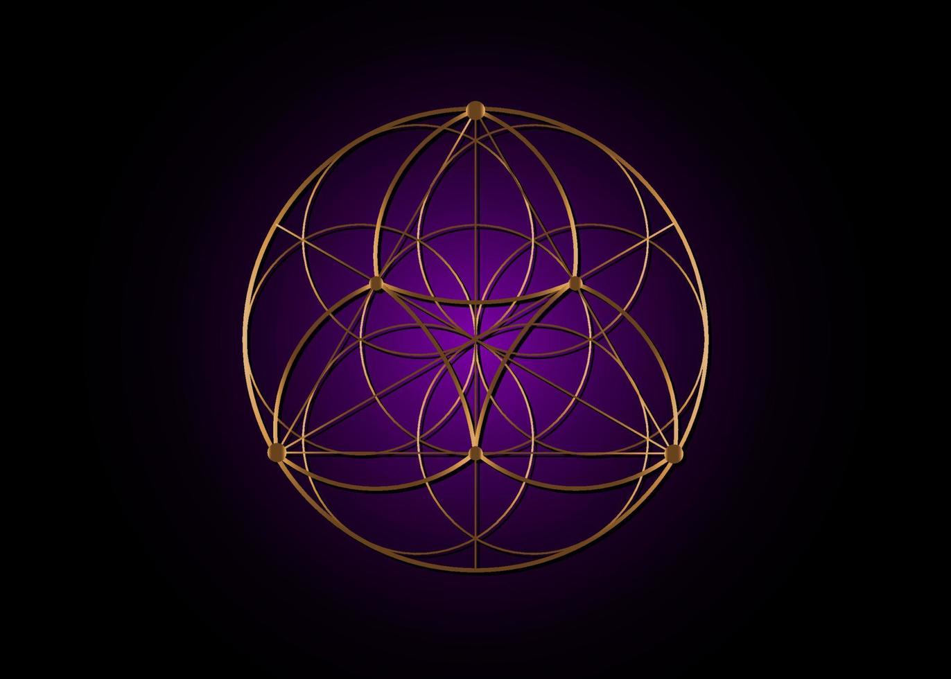 Seed Flower of life lotus icon, yantra mandala sacred geometry, golden symbol of harmony and balance. Purple color Mystical talisman, gold lines vector isolated on black background