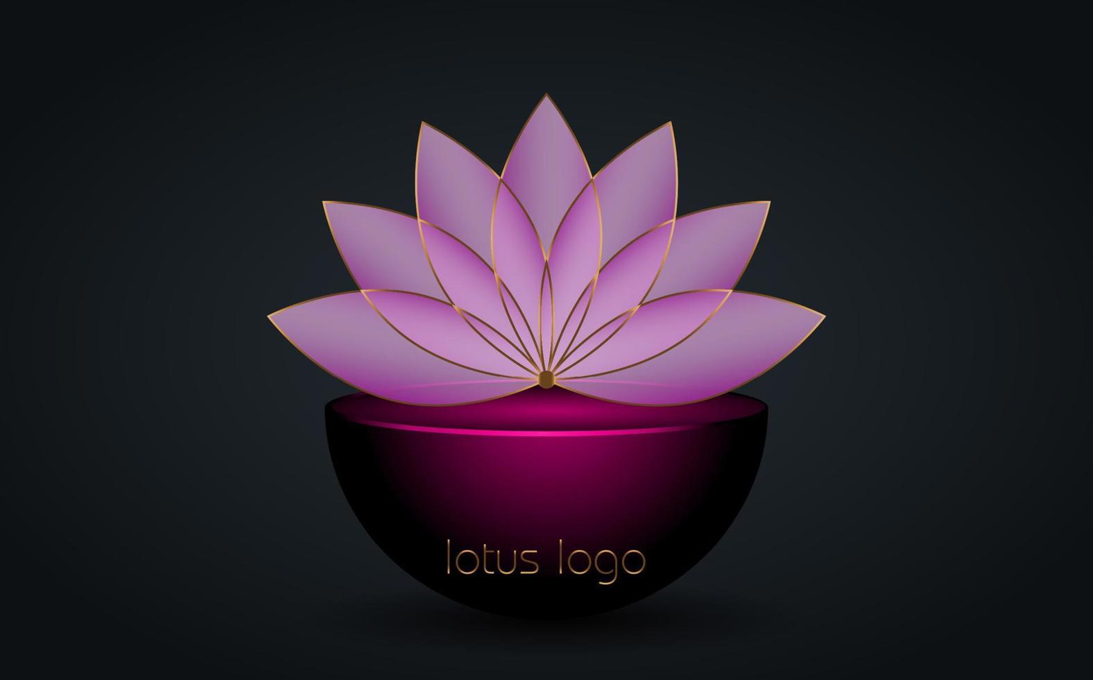 logotipo de loto de oro púrpura, flor de la vida. geometría sagrada. símbolo de armonía y equilibrio. signo de lujo dorado de pureza. vector de diseño de chakra yoga aislado sobre fondo negro