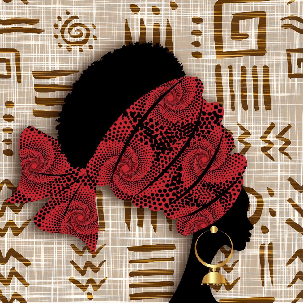 Portrait African woman wears bandana for curly hairstyles. Shenbolen Ankara Headwrap Women. Afro Traditional Headtie Scarf Turban tribal motif fabric design texture, ethnic background of Afro art vector