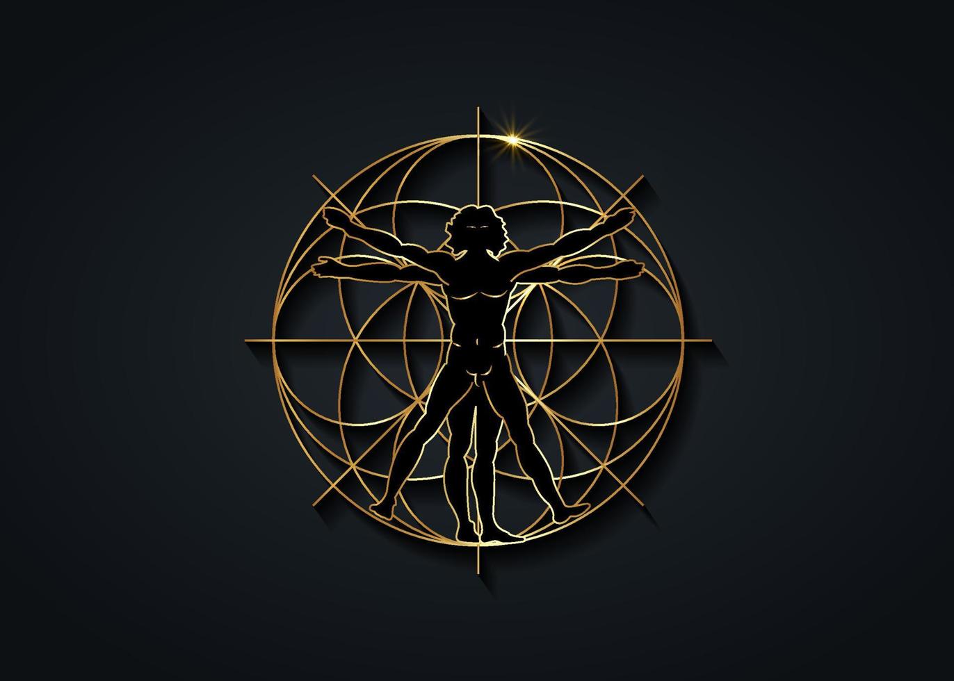 Sacred Geometry gold symbol. The Vitruvian man. Detailed drawing on the basis of golden artwork by Leonardo da Vinci, vector isolated on black background