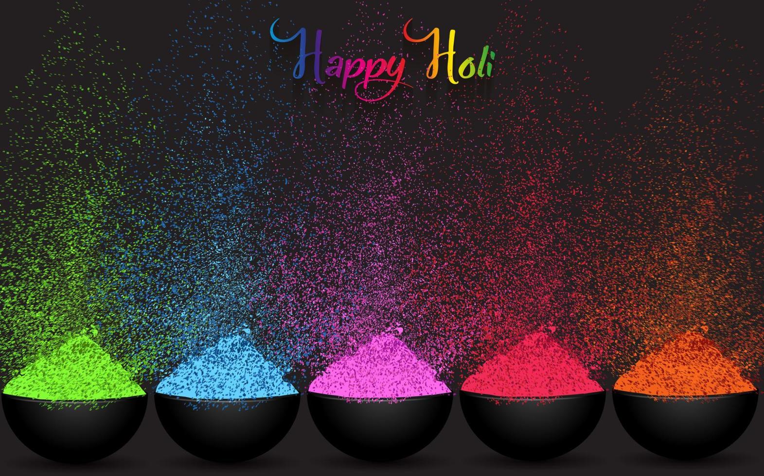 Colorful gulaal, powder color, indian festival for Happy Holi card with colourful explosion patterned and crystals on paper black color Background, vector illustration banner template