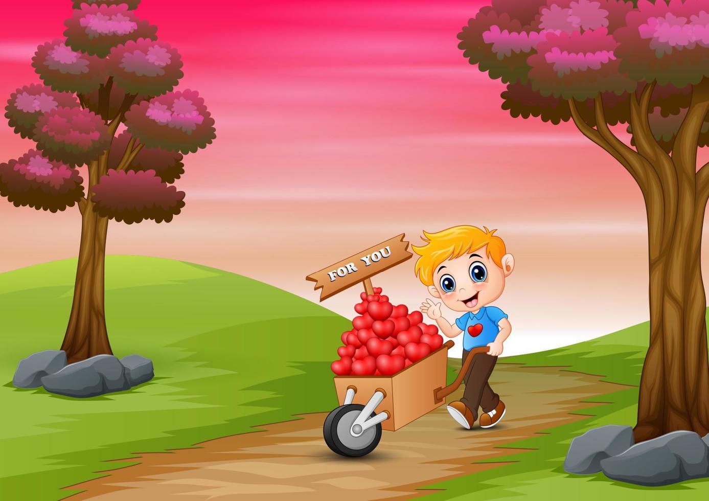 Cartoon boy pushing a pile of hearts in wood trolley on a road vector