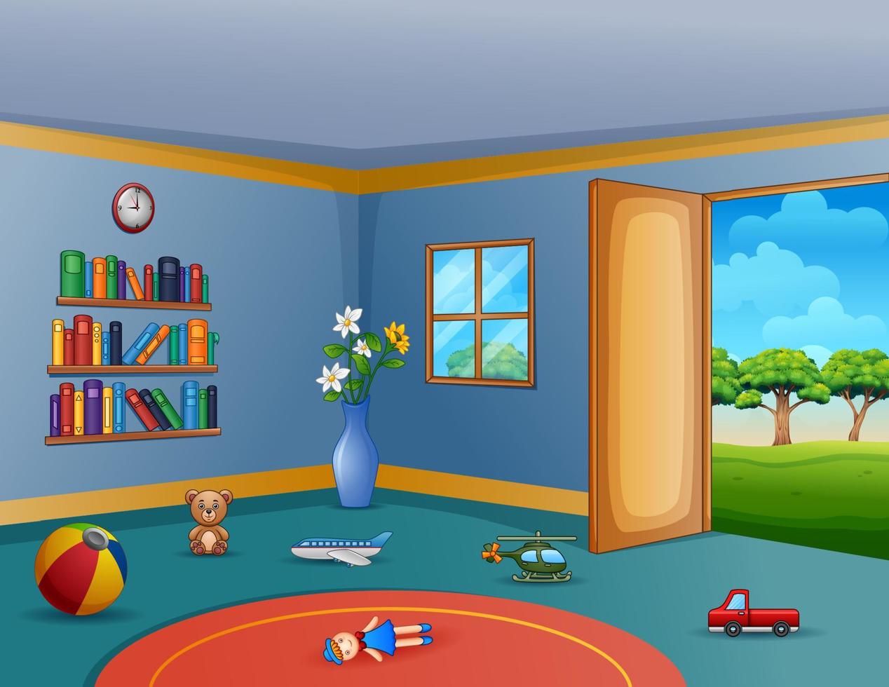 Empty living room with the messy children toys vector