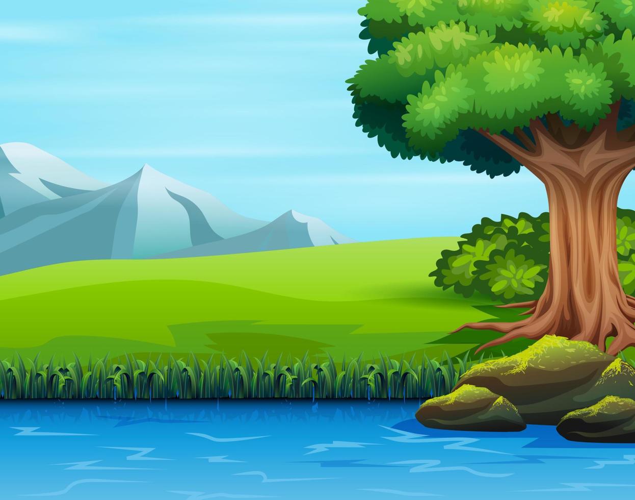 Illustration of a big tree near the river vector