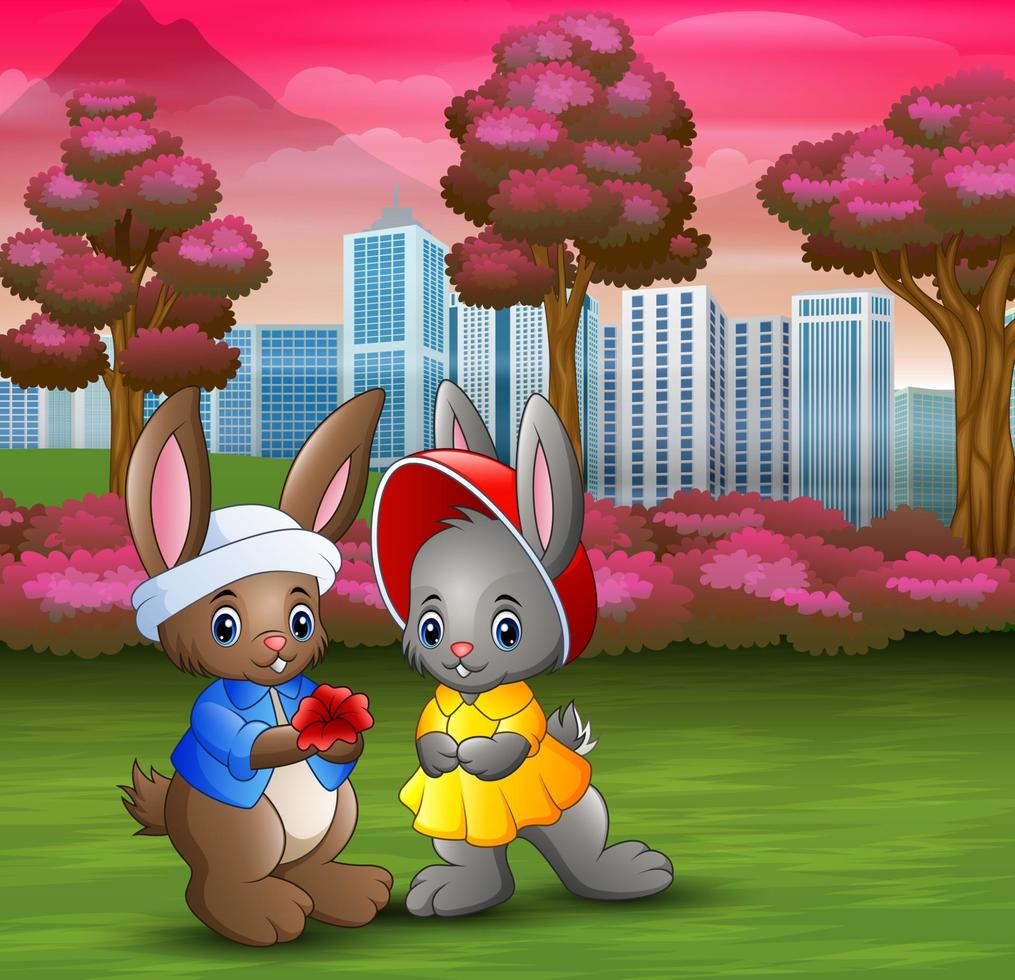 Valentine day concept a rabbit giving his girlfriend a flower vector