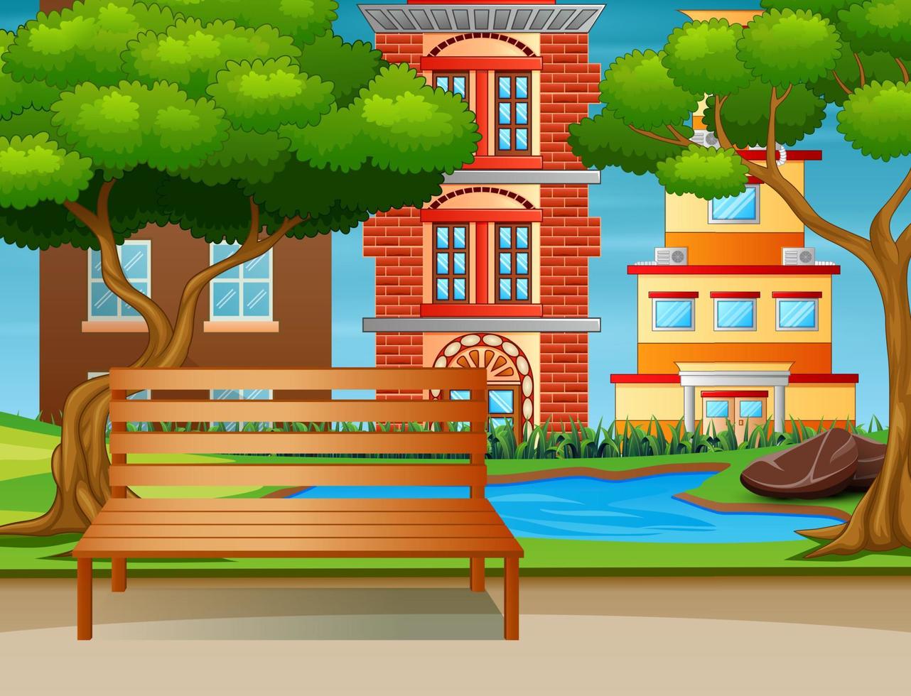 The wooden bench and a small pond in a town park vector