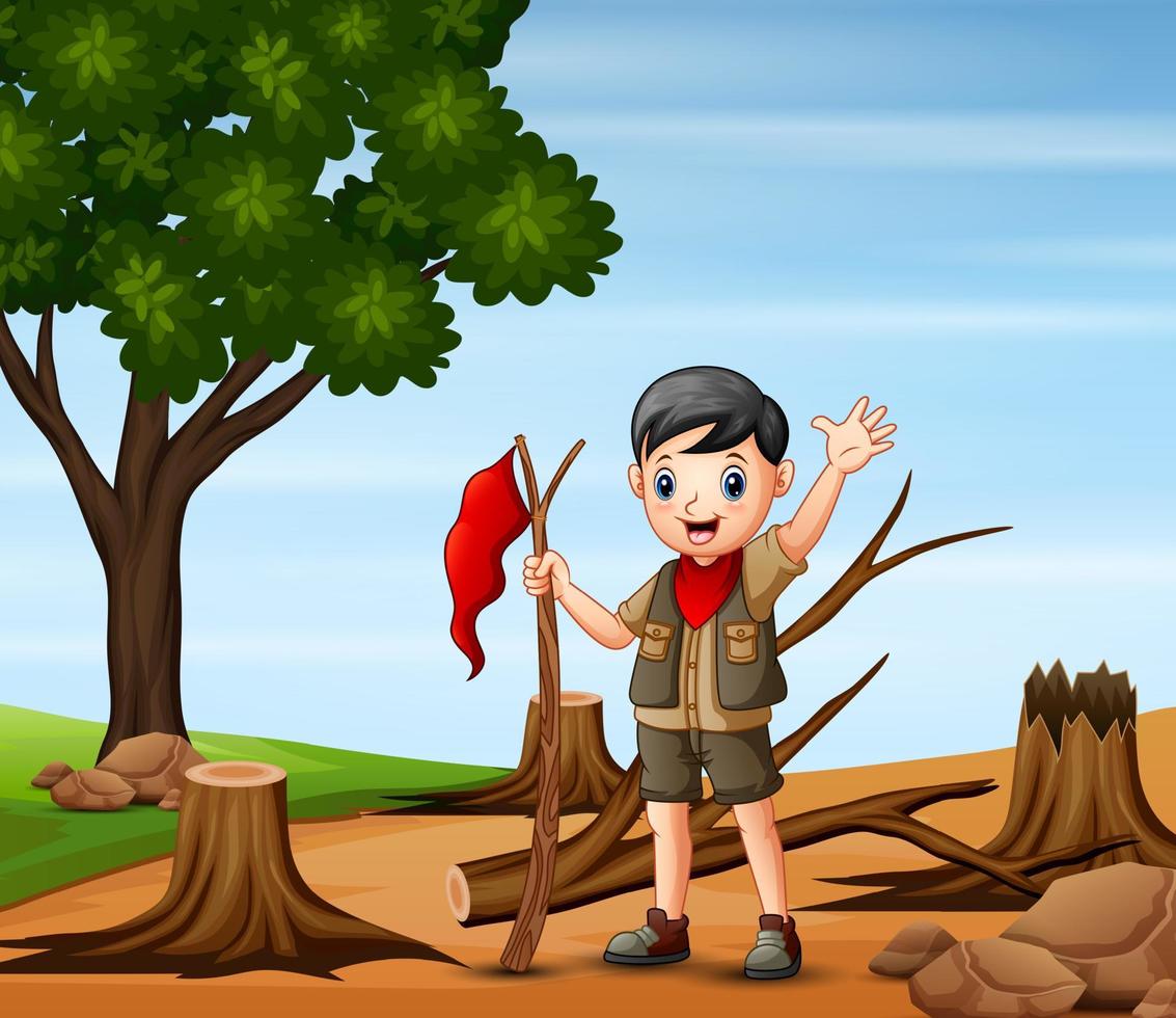 Deforestation scene with a scout boy vector