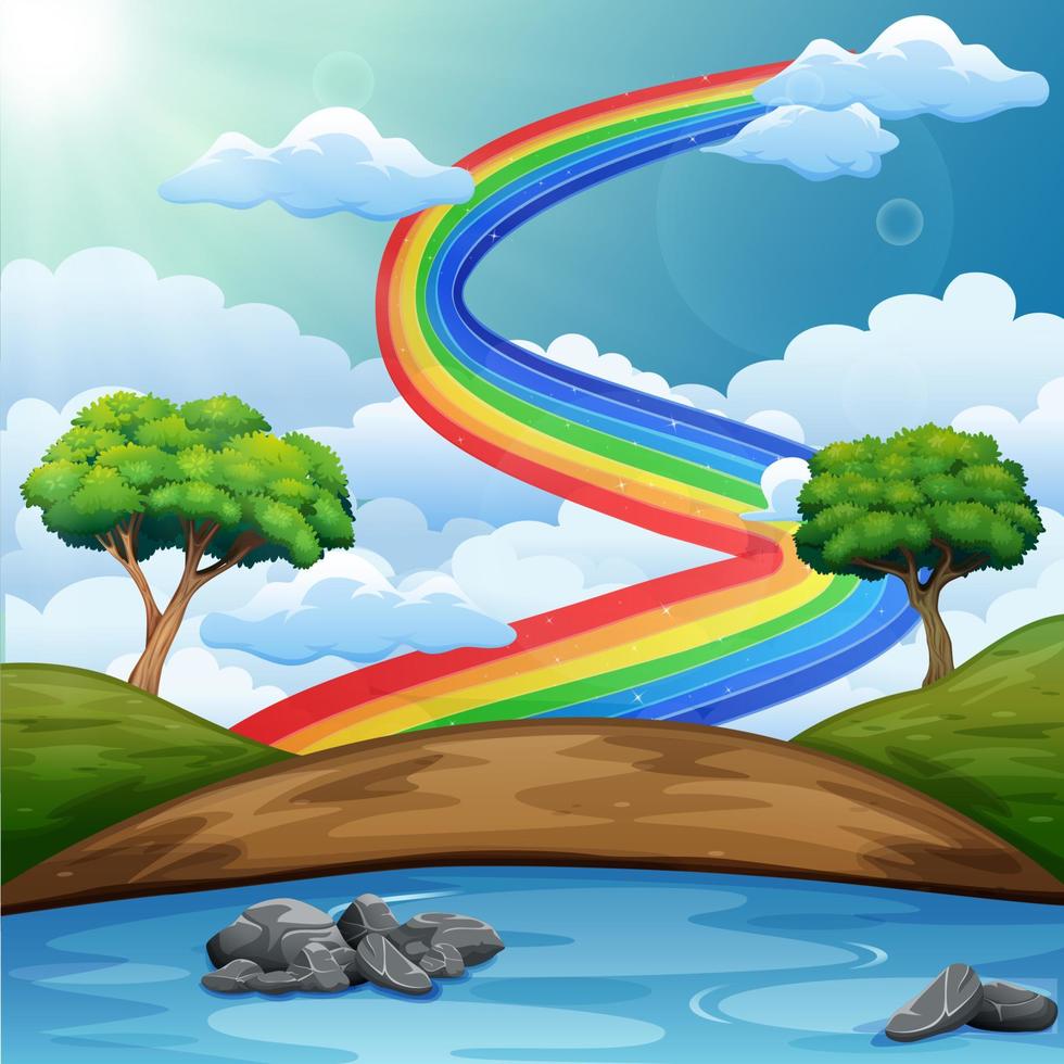 hermoso paisaje de río con arco iris vector