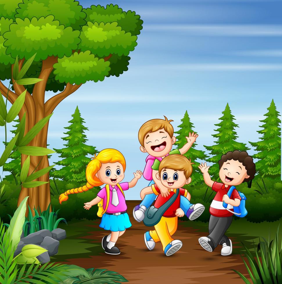 Cartoon children going to school together vector