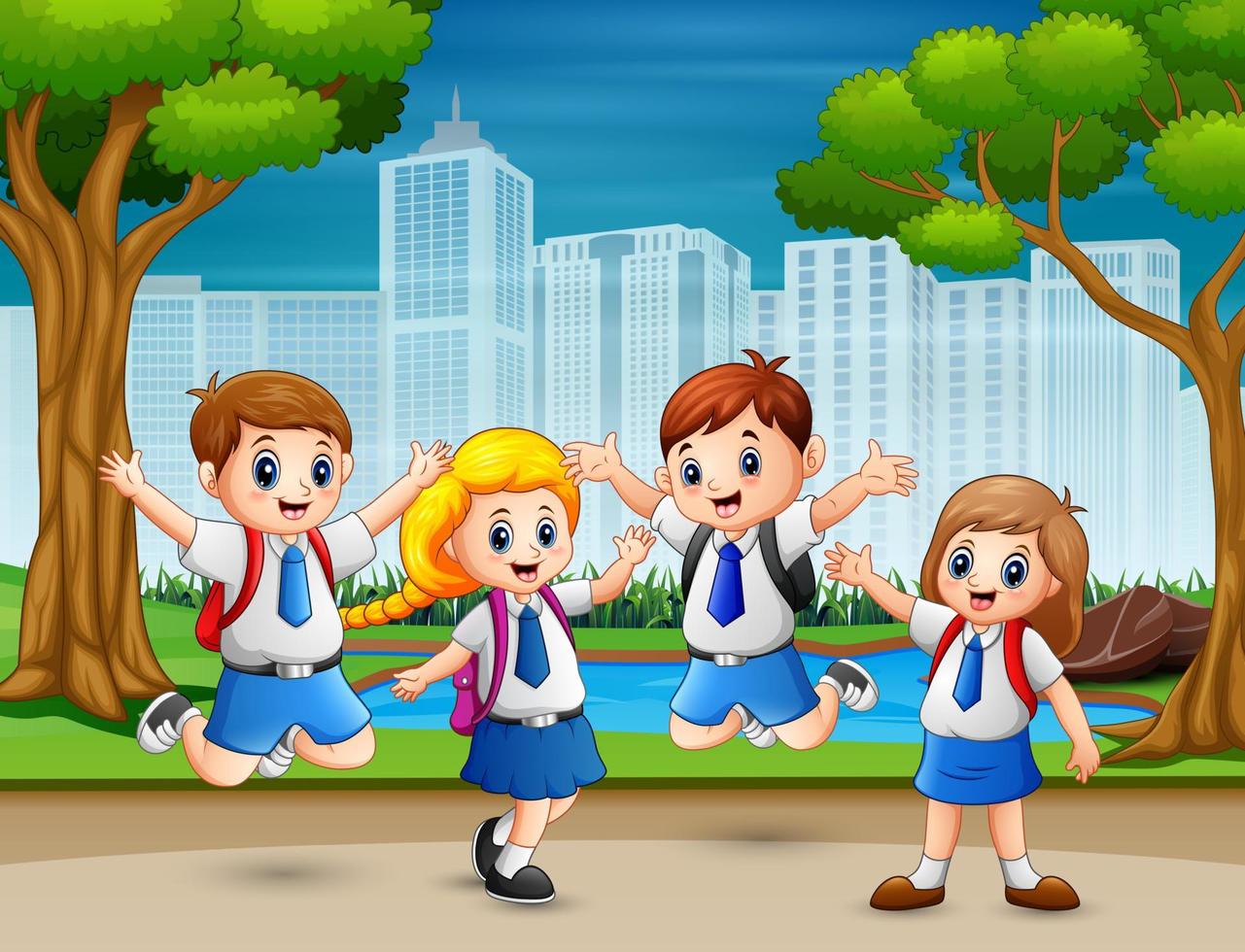 Funny children in school uniform at park vector