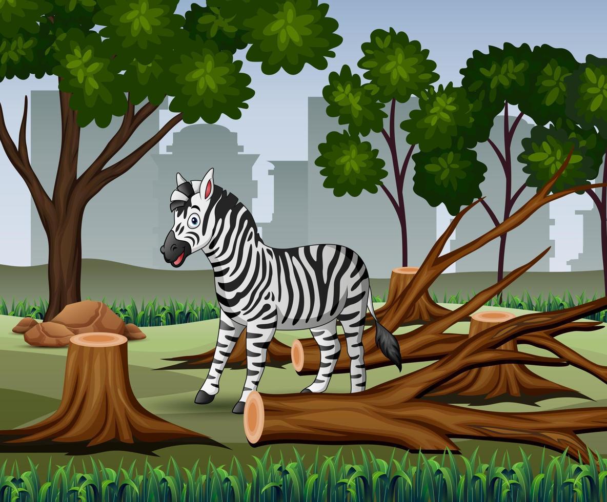 Deforestation scene with zebra and timber illustration vector