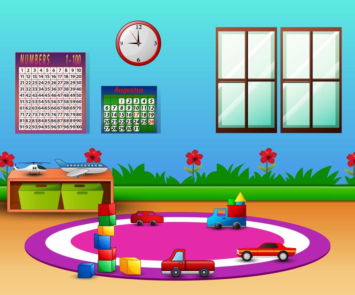 Empty kindergarten room with furniture and toys for young children vector