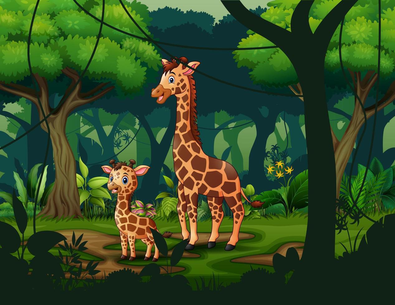 A giraffe with her cub in a tropical forest vector