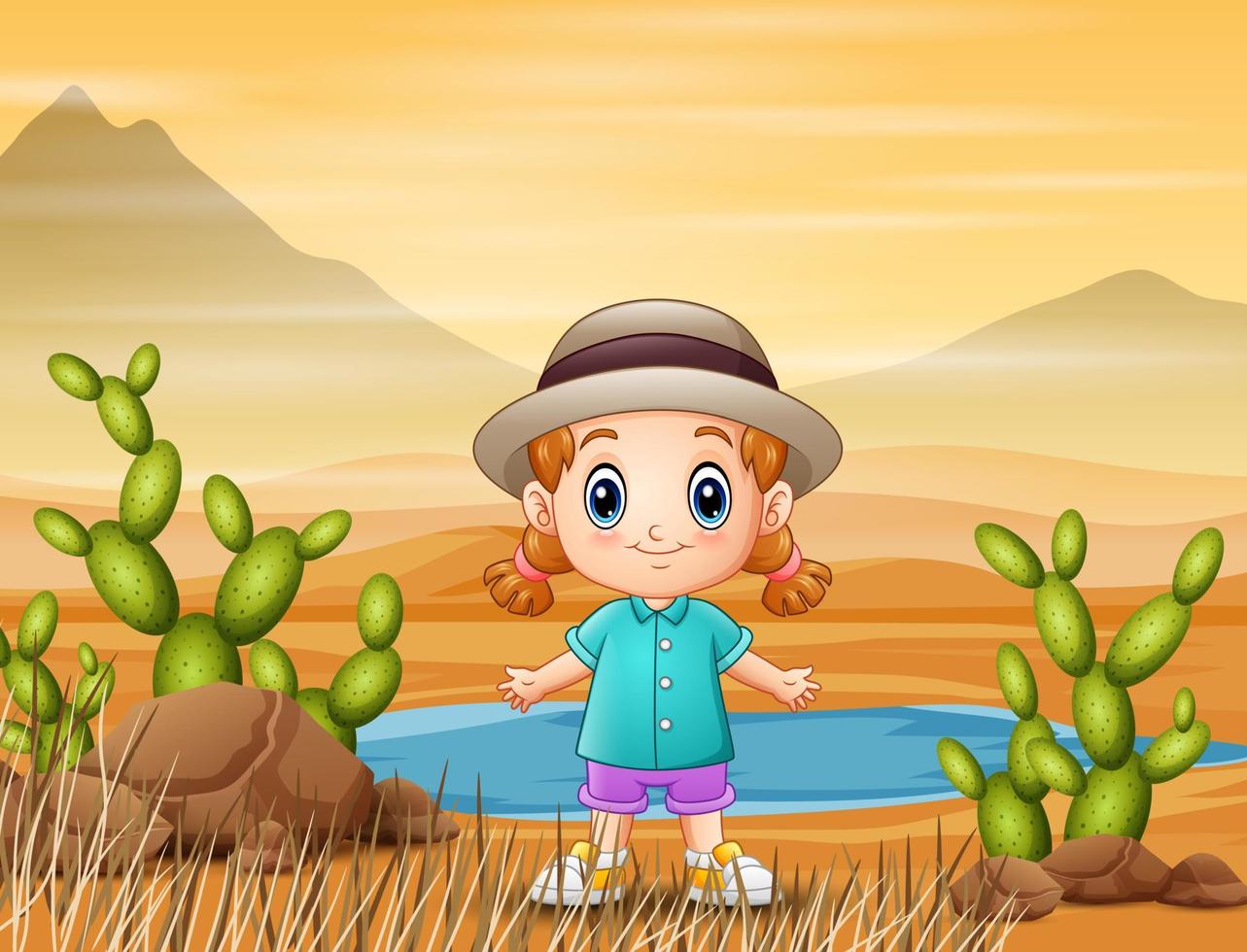 A beautiful little girl in the middle of the desert vector