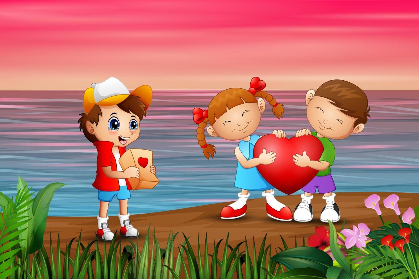 fondo del día de san valentín con niños en el mar vector