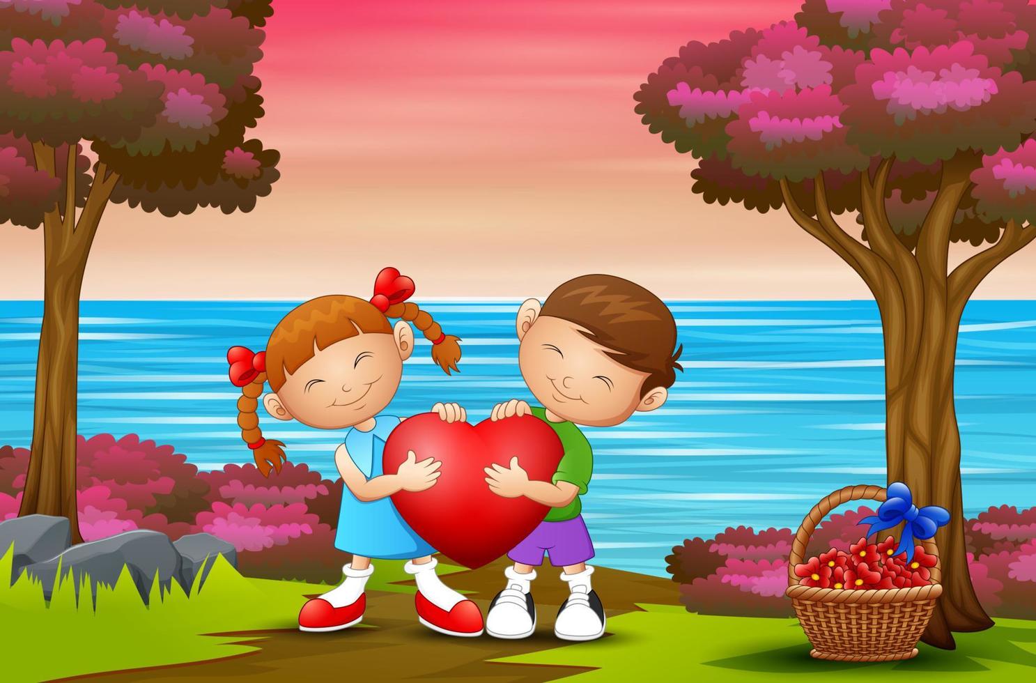 A couple kid holding a heart on nature background vector