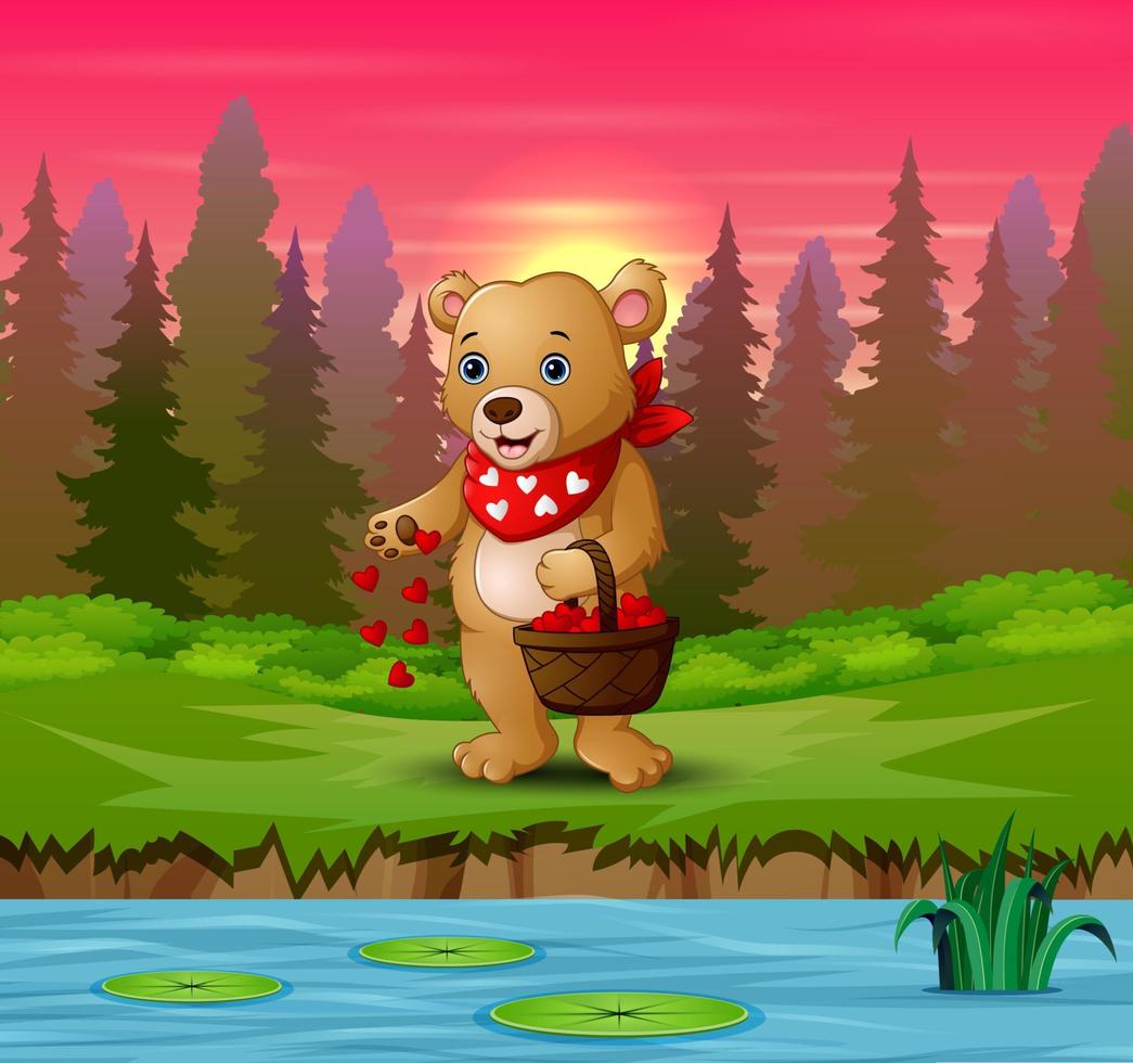 oso de dibujos animados con una canasta de corazón rojo en la orilla del río vector